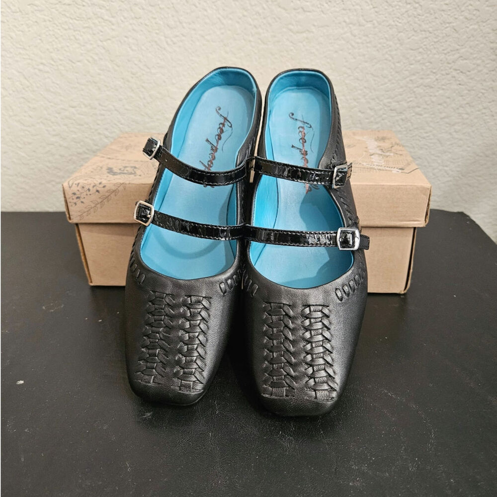 Free People Black Leather Diana Double Strap Ballet Mule Flats Size 36 US 5 NEW